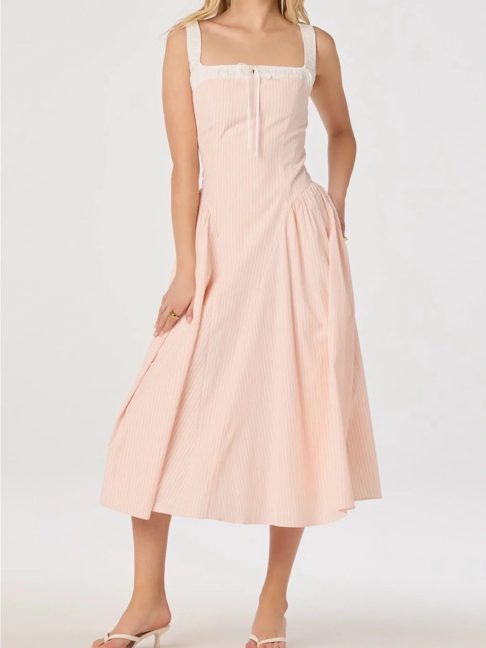 ASTR Blush Pink Square-Neck Midi Dress with Tie Detail - Picture 4 of 6